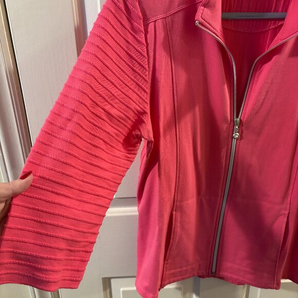 Onque Casuals Women's Pink Full-Zip 3/4 Sleeve Knit Jacket Ribbed~ Medium - Picture 2 of 6